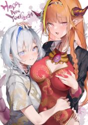  2girls absurdres alternate_costume amane_kanata blonde_hair blue_hair blush breasts chinese_clothes cleavage_cutout clothing_cutout covered_navel dragon_girl dragon_horns dragon_print facing_another flat_chest hair_intakes hair_ornament hairpin highres hololive horns hug kiryu_coco large_breasts leotard long_hair looking_at_viewer multiple_girls oerba_yun_fang orange_hair parted_lips pepq pink_eyes pointy_ears purple_eyes red_leotard short_hair skin_fang skin_tight smile upper_body virtual_youtuber white_background white_hair 