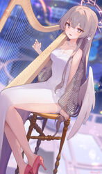  ainy alternate_costume angel_wings blue_archive blush breasts brown_eyes chair cleavage dress female hair_between_eyes halo harp high_heels highres instrument light_brown_hair long_hair medium_breasts nagisa_(blue_archive) open_mouth pink_halo red_footwear sitting smile solo twitter_username white_dress white_wings wings 