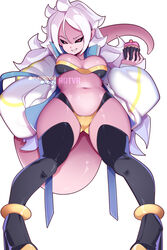  android_21 bikini black_bikini black_sclera black_thighhighs breasts cake cleavage colored_sclera colored_skin commentary dragon_ball dragon_ball_fighterz english_commentary female food highres holding holding_cake holding_food hot_vr jacket large_breasts looking_at_viewer majin_android_21 patreon_username pink_skin red_eyes simple_background smile solo standing swimsuit tail thighhighs thighs two-tone_bikini white_background white_jacket yellow_bikini 