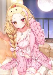  :o absurdres bangs_pinned_back bed_sheet blonde_hair blush braid breasts camisole cleavage collarbone commentary_request female forehead frilled_camisole frilled_shorts frills full_moon heterochromia highres hoshikawa_sara hoshikawa_sara_(7th_costume) indoors ineka_ka jacket jewelry long_hair looking_at_viewer medium_breasts midriff moon navel necklace night nijisanji official_alternate_costume official_alternate_hairstyle on_bed open_clothes open_jacket open_mouth pillow pink_camisole pink_jacket pink_shorts red_eyes shorts single_braid sitting sleep_mask sleepwear sleeves_past_fingers sleeves_past_wrists solo star_(symbol) star_necklace virtual_youtuber wariza yellow_eyes 