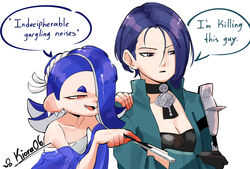  2girls armor bare_shoulders blue_shawl breasts cephalopod_eyes chest_sarashi choker cleavage crossed_arms crossover earrings english_text eyeliner fire_emblem fire_emblem:_three_houses gloves green_jacket hair_between_eyes hair_over_one_eye hand_fan hand_on_another&#039;s_shoulder highres holding holding_fan horizontal_pupils i_think_we&#039;re_gonna_have_to_kill_this_guy_steven_(meme) jacket jewelry kiora06 loose_hair_strand makeup meme multiple_girls octoling open_mouth pauldrons pointing ponytail purple_eyes purple_hair sarashi shamir_nevrand shawl shiver_(splatoon) shoulder_armor simple_background single_pauldron speech_bubble splatoon_(series) splatoon_3 tentacle_hair twitter_username upper_body white_background 