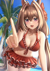  absurdres aimi_(tikichin0229) animal_ears beach bikini bikini_skirt blue_sky blush breasts cleavage cloud cloudy_sky commentary_request cowboy_shot daiwa_scarlet_(trifle_vacation)_(umamusume) daiwa_scarlet_(umamusume) day ears_down embarrassed female frilled_bikini frills front-tie_bikini_top front-tie_top highres horse_ears horse_girl horse_tail light_frown long_hair looking_at_viewer navel ocean oerba_yun_fang official_alternate_costume outdoors red_bikini red_eyes red_hair sand skin_fang sky solo swimsuit tail twintails umamusume v-shaped_eyebrows very_long_hair water 