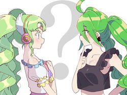  2girls ? ahoge bare_shoulders black_shirt breasts colored_eyelashes cropped_shirt crossover drill_hair earrings eye_contact falulu falulu_(awakened) finger_to_own_chin forehead_jewel from_side green_eyes green_hair grey_eyes hair_between_eyes hand_up headphones highres idol_clothes jewelry long_hair look-alike looking_at_another medium_breasts multiple_girls otogami_mimin parted_bangs parted_lips pppppp pretty_series pripara profile shirt simple_background tsujii_luki twin_drills upper_body very_long_hair white_background wing_hair_ornament 