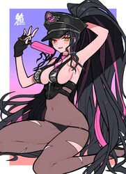  arm_up armpits artist_logo bare_shoulders bikini black_bikini black_gloves black_hair black_hat black_pantyhose blush border breasts cleavage covered_navel eyewear_on_head facial_mark fate/grand_order fate_(series) female fingerless_gloves food forehead_mark gloves gradient_background hacco_mayu halterneck hat heart heart-shaped_eyewear highres holding holding_food holding_popsicle innertube large_breasts logo long_hair looking_at_viewer multicolored_hair nail_polish necktie outside_border pantyhose parted_bangs pink_hair police_hat ponytail popsicle purple_background sessyoin_kiara sessyoin_kiara_(swimsuit_mooncancer) sessyoin_kiara_(swimsuit_mooncancer)_(second_ascension) sideboob sitting smile solo streaked_hair swim_ring swimsuit thighs torn_clothes torn_pantyhose twitter_username very_long_hair wariza watermark white_border yellow_eyes 