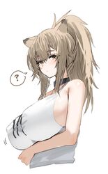  ? animal_ears arknights arm_under_breasts bare_arms bare_shoulders black_choker breasts brown_eyes brown_hair choker commentary_request covered_nipples female highres horn/wood huge_breasts lion_ears lion_girl looking_at_viewer ponytail shirt siege_(arknights) simple_background sleeveless sleeveless_shirt solo spoken_question_mark upper_body white_background white_shirt 