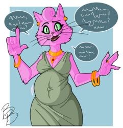  5_fingers anthro babybumps bojack_horseman breasts claws clothed clothing domestic_cat dress eyebrows felid feline felis female fingers fur green_eyes hi_res jewelry mammal netflix open_mouth open_smile pink_body pink_fur pregnant pregnant_anthro pregnant_female princess_carolyn smile solo speech_bubble whiskers 