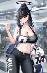  absurdres alternate_costume bag black_hair black_nails black_sports_bra blue_archive breasts bright_pupils collarbone female gym hair_ornament hairclip halo highres indoors lancheu large_breasts long_hair looking_at_viewer multicolored_clothes navel pants red_eyes rio_(blue_archive) shoulder_bag skindentation solo sports_bra stomach track_pants two-tone_sports_bra underwear very_long_hair white_pupils yoga_pants 