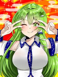  :q armpits blush breasts collar collared_shirt commentary_request detached_sleeves double_v female frog_hair_ornament green_eyes green_hair hair_ornament highres kochiya_sanae large_breasts long_hair looking_at_viewer midriff nontraditional_miko one_eye_closed saru_fwm12 shirt single_hair_tube single_sidelock sleeveless sleeveless_shirt smile solo sparkling_aura tongue tongue_out touhou upper_body v white_collar white_shirt wide_sleeves 