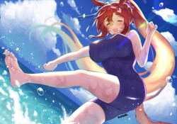  acen animal_ears bad_id bad_pixiv_id bare_shoulders barefoot blue_one-piece_swimsuit blue_sky breasts brown_hair closed_eyes cloud cloudy_sky commentary feet female foot_out_of_frame highres horse_ears horse_girl horse_tail large_breasts lens_flare long_hair matuda_(matudayazo) multicolored_hair ocean one-piece_swimsuit open_mouth outdoors ponytail purple_scrunchie scrunchie sky smile soles solo streaked_hair super_creek_(umamusume) swimsuit tail tail_through_clothes toes tracen_swimsuit umamusume very_long_hair water wet 