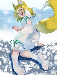  animal_ear_fluff animal_ears arm_support bent_over black_panties blonde_hair feet female fox_ears fox_girl fox_tail from_behind frozen_lake full_body green_ribbons hair_between_eyes highres ice kudamaki_tsukasa legs_together looking_at_viewer open_mouth outdoors panties panty_peek ribbon romper short_hair short_sleeves socks soles soon_(c-u-soon) tail tail_through_clothes touhou underwear wet_legwear white_romper yellow_eyes 