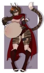  2019 4_toes 5_fingers absurd_res anthro arm_guards belly belly_blush belt big_belly black_nose blush body_blush boots border bottomwear breasts brown_body brown_fur brown_hair cloak clothed clothing ear_tuft feet felid female fingers footwear fur hair hi_res hiddenwolf hood j&#039;azirii_sekibo legband leggings legwear long_hair mammal navel open_mouth outie_navel pantherine paws pouch_(clothing) pregnant pregnant_anthro pregnant_female purple_background shirt shorts signature simple_background solo striped_body striped_fur stripes teeth thighband tiger toes topwear tuft vest white_body white_border white_fur yellow_eyes 