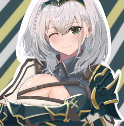  armor braid breasts chest_guard chest_strap cleavage cleavage_cutout closed_mouth clothing_cutout crossed_arms female green_eyes grey_hair hanma_amnah highres hololive large_breasts mole mole_on_breast pauldrons shirogane_noel shirogane_noel_(1st_costume) short_hair shoulder_armor single_pauldron smile solo striped striped_background tiara upper_body vambraces virtual_youtuber 