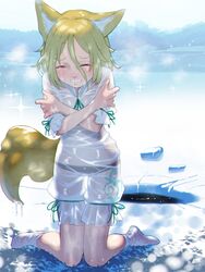  animal_ears black_panties blonde_hair closed_eyes cold crossed_arms dripping female fox_ears fox_girl fox_tail frozen_lake full_body green_ribbons hair_between_eyes hands_on_own_arms highres ice kneeling kudamaki_tsukasa mandarin_collar on_ice outdoors panties ribbon romper runny_nose see-through see-through_shirt shirt short_hair snot socks solo soon_(c-u-soon) sparkle tail touhou trembling underwear wet wet_clothes wet_hair wet_legwear wet_shirt white_romper winter 