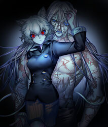  1boy abs animal_ears arm_at_side arms_at_sides black_background black_shirt blue_sclera breasts cat_ears cat_girl cat_tail clenched_teeth closed_mouth colored_sclera cowboy_shot female genderswap_(otf) hair_between_eyes hair_over_face hand_up haneul_(csky) height_difference highres hunter_x_hunter kite_(hunter_x_hunter) korean_commentary large_breasts lazy_eye long_hair long_sleeves multiple_scars neferpitou red_eyes rule_63 scar scar_on_arm scar_on_cheek scar_on_chest scar_on_face scar_on_nose scar_on_shoulder scar_on_stomach scars_all_over shirt shorts skin_tight smile spoilers spotlight tail teeth tight_clothes tight_shirt toned toned_male too_many topless_male uneven_eyes very_long_hair 