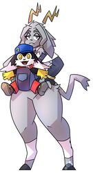  2024 absurd_res antlers baby_carrier bandai_namco bovid caprine clothed clothing domestic_cat duo felid feline felis female floppy_ears fully_clothed gloves handwear hat headgear headwear hi_res horn hybrid jackalope klonoa klonoa_(series) lagomorph male mammal potoobrigham pseudoregalia pupils simple_background slit_pupils smile smiling_at_viewer standing sybil_(pseudoregalia) thick_thighs watermark white_background 