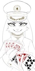  1:2 2022 absurd_res ace_of_spades ambiguous_gender anthro backwards_text biped black_text bovid caprine caprine_demon captain_hat cc-by-sa cheek_tuft claws clothed clothed_ambiguous clothed_anthro clothing clubs_(suit) creative_commons demon diamonds_(suit) digital_drawing_(artwork) digital_media_(artwork) ears_down eyebrows eyelashes eyeshadow facial_tuft fangs finger_claws first_person_view floppy_ears fur fur_tuft glistening glistening_eyes goat goat_demon hair hat headgear headwear hearts_(suit) heptagram hi_res inverted_pentagram line_art looking_at_viewer makeup mammal neck_stripes nonbinary_(lore) number occult_symbol pentagram pivoted_ears possumcrimes pupils red_text restricted_palette royal_flush scp-6159-2 scp_foundation simple_background solo spades_(suit) story_at_source striped_neck suit_symbol symbol teeth text text_on_clothing text_on_hat text_on_headwear tuft white_background whore_of_blood yellow_text 