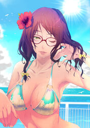  animal armpits bikini bird blue_sky bow breasts cleavage cloud collarbone commentary_request day dripping eyebrows female flower glasses green_eyes hair_flower hair_ornament hairbow hand_in_own_hair hibiscus large_breasts long_hair looking_at_viewer nail_polish o-ring o-ring_bikini ocean okazuwa_shake original outdoors parted_lips photoshop_(medium) railing red-framed_eyewear red_flower seagull sky sky_print solo sun swept_bangs swimsuit upper_body wet wet_hair wings yellow_bow 