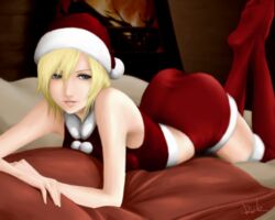  ass aya_brea bad_id bad_pixiv_id bare_shoulders blonde_hair blue_eyes boots christmas crop_top female hat lying midriff miniskirt parasite_eve parasite_eve_the_3rd_birthday pillow rikku_(cake) santa_costume santa_hat short_hair skirt solo thighhighs thighs 