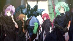  5girls :o amputee android aqua_hair ass backlighting baldr_(series) baldr_sky baldr_sky_zero baldr_sky_zero_2 blunt_bangs braid brown_hair bruise character_request cloak closed_mouth cowboy_shot crutch damaged expressionless eyepatch game_cg green_eyes green_hair hair_tubes half-closed_eyes hood hood_down hood_up hooded_cloak injury light_purple_hair light_smile long_hair looking_at_viewer looking_back mecha multiple_girls naked_cloak no_panties one_eye_covered open_mouth profile purple_eyes purple_hair rasayana red_eyes red_hair robe robot single_braid smile standing torn_cloak torn_clothes tsunashima_shirou twintails very_long_hair yellow_eyes 