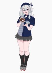  :d aqua_eyes beret black_hat black_socks blue_hat chocolate_bread collared_shirt commentary_request crossover duplicate employee_uniform female food full_body grey_background grey_footwear grey_hair grey_skirt hat holding kantai_collection kashima_(kancolle) kneehighs lawson legs long_hair looking_at_viewer miniskirt name_tag ojipon open_mouth pinstripe_pattern pinstripe_shirt pixel-perfect_duplicate platform_footwear pleated_skirt rilakkuma san-x shirt short_sleeves sidelocks simple_background single_horizontal_stripe skirt smile socks solo standing striped thigh_gap twintails uniform wavy_hair wing_collar 