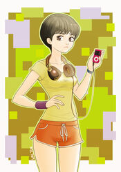  black_hair bob_cut breasts brown_eyes commentary_request digital_media_player female headphones headphones_around_neck ipod ipod_nano orange_shorts original photoshop_(medium) shirt short_hair short_shorts shorts skullcandy small_breasts solo t-shirt taut_clothes valjim watch wristband wristwatch 