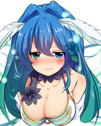  aqua_eyes aqua_hair blue_eyes blue_flower blue_hair blue_rose blush breasts butterflight cleavage commentary_request feathers female flower gold_trim hair_flower hair_intakes hair_ornament heterochromia highres long_hair looking_at_viewer monster_strike multicolored_hair negiko rose solo two-tone_hair 