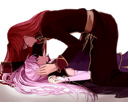  1boy bracelet commentary_request delsaber dress elbow_gloves face-to-face female fingerless_gloves fire_emblem fire_emblem:_genealogy_of_the_holy_war gloves grin hand_on_another&#039;s_head ishtar_(fire_emblem) jewelry julius_(fire_emblem) kneeling long_hair lying on_back pink_eyes pink_hair pinned red_eyes red_hair robe sash simple_background smile straddling straight white_background 