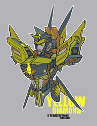  2018 alternate_species bust_portrait cartoon_network cybertronian digital_drawing_(artwork) digital_media_(artwork) english_text female frown grey_background hasbro hi_res horn humanoid living_machine machine multicolored_body not_furry portrait redelicious001 robot simple_background solo steven_universe takara_tomy text transformers yellow_body yellow_diamond_(steven_universe) yellow_eyes 