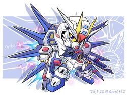  beam_rifle blue_eyes chibi dual_wielding energy_gun gun gundam gundam_seed gundam_seed_destiny holding holding_gun holding_weapon looking_to_the_side mecha mechanical_wings no_humans robot science_fiction shokkaa_(shmz61312) solo sparkle strike_freedom_gundam v-fin weapon wings 