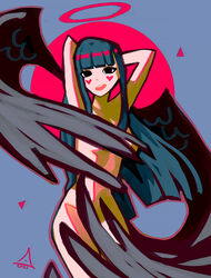  andaerz arms_up black_eyes black_wings blue_hair blunt_bangs blush_stickers completely_nude dancing english_commentary female halo heart highres long_hair me!me!me! me!me!me!_dance_(meme) meme nude original simple_background solo teeth two-tone_background upper_teeth_only variant_set wing_censor wings 