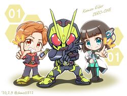  2boys armor blue_eyes brown_eyes brown_hair character_name chibi copyright_name female hiden_aruto humagear_headphones is_(kamen_rider_01) kamen_rider kamen_rider_01_(series) kamen_rider_zero-one multiple_boys pointing pointing_at_viewer power_armor red_eyes shokkaa_(shmz61312) 