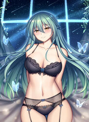  arms_behind_back bare_shoulders black_bra black_panties blue_butterfly bra braid breasts brown_eyes bug butterfly cleavage closed_mouth collarbone commentary cowboy_shot emma_planck female garter_belt green_hair groin guardian-panda highres honkai_(series) honkai_impact_3rd large_breasts long_hair looking_at_viewer navel panties shooting_star sky smile solo star_(sky) starry_sky stomach tareme thighs underwear underwear_only very_long_hair 