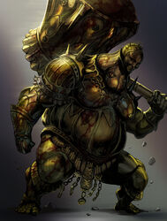  1boy armor blood breastplate chains clenched_hand commentary_request dark_souls_(series) dark_souls_i executioner_smough full_armor gauntlets glint hammer helmet highres holding holding_hammer holding_weapon huge_weapon male_focus over_shoulder pauldrons rock shoulder_armor solo spikes standing touge_(kubiwa_tsuki) weapon weapon_over_shoulder 