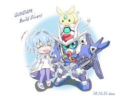  ^_^ animal blue_hair chibi closed_eyes copyright_name dated female gem gundam gundam_00_sky gundam_build_divers mecha mol_(gundam_build_divers) one_eye_closed open_hand open_mouth robot sara_(gundam_build_divers) science_fiction shokkaa_(shmz61312) smile v-fin 