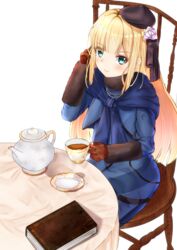  absurdres blonde_hair blue_eyes blush book brown_gloves closed_mouth commentary_request cup fate/grand_order fate_(series) female flower from_above gloves green_eyes hair_ornament hat highres holding long_hair long_sleeves looking_at_viewer lord_el-melloi_ii_case_files mitsu336 reines_el-melloi_archisorte revision simple_background sitting smile solo table teacup teapot very_long_hair white_background white_flower wooden_chair 