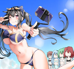  5girls ;3 absurdres armpits aussa_(yu-gi-oh!) aussa_the_earth_charmer bare_shoulders bikini black_bikini black_hair blue_bikini blue_hair blue_sky blush bouncing_breasts breasts brown_hair cat_mask cellphone cleavage cloud collarbone commentary_request cowboy_shot day duel_monster eria_(yu-gi-oh!) eria_the_water_charmer faceless faceless_female flat_chest glasses green_hair groin hair_between_eyes highres hiita_(yu-gi-oh!) hiita_the_fire_charmer holding i:p_masquerena kuromiko_shoujo large_breasts lens_flare long_hair looking_up mask medium_breasts multiple_girls navel one_eye_closed open_mouth outdoors phone ponytail purple_bikini red_hair sarong selfie selfie_stick short_hair sidelocks sky small_breasts smartphone smile solo_focus standing standing_on_one_leg stomach strapless strapless_bikini sweat swimsuit twintails underboob v_over_eye white_bikini wynn_(yu-gi-oh!) wynn_the_wind_charmer yu-gi-oh! 