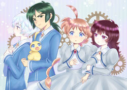  2boys 2girls ahiru_(duck)_(princess_tutu) ahoge black_hair blue_eyes blue_shirt brooch dress fakir_(princess_tutu) gears green_hair grey_background grey_dress hands_up huge_ahoge ichigo_daifuku_(blumenwalzer0903) jewelry locked_arms long_hair long_sleeves multiple_boys multiple_girls mytho_(princess_tutu) ponytail princess_tutu princess_tutu_(character) puffy_long_sleeves puffy_sleeves rue_(princess_tutu) school_uniform shirt simple_background very_long_hair white_hair 