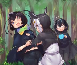  3girls ;o atlantic_puffin_(kemono_friends) bird_girl bird_tail bird_wings black_cape black_fur black_hair black_jacket black_legwear black_shirt black_sweater blue_eyes blue_hair blush bow bowtie cape commentary_request flying_sweatdrops fur_trim green_hair head_wings jacket kemono_friends leggings long_sleeves multicolored_hair multiple_girls o_o one_eye_closed orange_hair outdoors shirt short_hair short_sleeves skirt superb_bird-of-paradise_(kemono_friends) sweater tadano_magu tail western_parotia_(kemono_friends) white_hair white_shirt white_skirt wings 