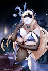  alternate_costume artist_name bad_id bad_pixiv_id bare_shoulders bikini black_blindfold blindfold blonde_hair blue_bikini breasts bridal_gauntlets choker cleavage commentary covered_eyes covered_navel covered_nipples female fire fishnets goblin_slayer! holding holding_sword holding_weapon indoors koshio large_breasts parted_lips see-through sitting solo swimsuit sword sword_maiden torch underboob veil weapon 