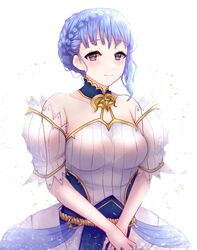  alternate_costume bare_shoulders black_eyes blue_hair blunt_bangs blush braid breasts bride bride_(fire_emblem) closed_mouth collarbone commentary crown_braid detached_sleeves dress english_commentary female fire_emblem fire_emblem:_three_houses highres large_breasts looking_at_viewer marianne_von_edmund medium_breasts own_hands_together pochaimo short_hair smile solo wedding_dress white_background white_dress 