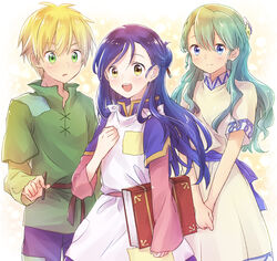  1boy 2girls :d absurdres blonde_hair blue_eyes blue_hair blue_pants blush book commentary_request dress flower green_eyes green_hair green_shirt hair_flower hair_ornament hair_stick highres holding holding_book honzuki_no_gekokujou long_hair long_sleeves looking_at_another looking_at_viewer lutz_(honzuki_no_gekokujou) multiple_girls myne_(honzuki_no_gekokujou) nyaa_(nnekoron) open_mouth own_hands_together pants shirt siblings simple_background sisters smile standing tuuli_(honzuki_no_gekokujou) yellow_eyes 