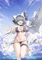  absurdres animal_band animal_ears arm_garter azur_lane bikini breasts cheshire_(azur_lane) cheshire_(summery_date!)_(azur_lane) choker fake_animal_ears female frilled_garter frilled_ribbon frills highres leg_up maid_headdress multicolored_hair oerba_yun_fang outstretched_arms pepperdevil purple_bikini purple_choker ribbon short_hair skin_fang solo standing standing_on_one_leg strapless strapless_bikini streaked_hair string_bikini swimsuit two-tone_hair water 