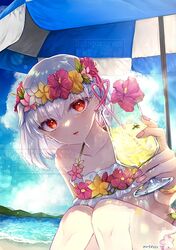  bare_shoulders beach_umbrella bikini blush breasts collarbone cup day drinking_glass fate/grand_order fate_(series) female flower_wreath green_bikini hair_ribbon head_wreath kama_(fate) kama_(swimsuit_avenger)_(fate) kama_(swimsuit_avenger)_(first_ascension)_(fate) knees_up looking_at_viewer miniskirt murasaki_yuna nail_polish open_mouth outdoors pink_nails red_eyes ribbon short_hair sitting skirt small_breasts solo swimsuit thighs umbrella watermark white_hair 