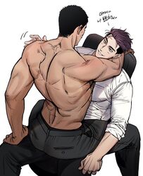  2boys arm_around_neck ass back bara black_hair black_pants blush borrowed_character chair check_copyright commentary_request copyright_request couple facial_hair from_above gimgyeon_(dog_0987) gukhyeon_(balnom) highres jiseung_(balnom) korean_commentary large_pectorals looking_at_another male_focus multiple_boys muscular muscular_male original pants pectorals purple_hair shirt short_hair simple_background sitting sitting_on_lap sitting_on_person smile stubble thick_eyebrows topless_male translation_request white_background white_shirt yaoi 