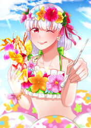  absurdres bare_shoulders bikini blue_sky blush breasts collarbone cup day fate/grand_order fate_(series) female flower_wreath food fruit green_bikini hair_ribbon head_wreath highres ice_cream innertube kama_(fate) kama_(swimsuit_avenger)_(fate) kama_(swimsuit_avenger)_(first_ascension)_(fate) looking_at_viewer o_natsu one_eye_closed parfait red_eyes ribbon short_hair sky small_breasts smile solo spoon swim_ring swimsuit white_hair 