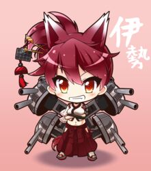  :d animal_ears azur_lane chibi commentary_request crossed_arms female fox_ears grin hair_ornament hakama hakama_skirt ise_(azur_lane) japanese_clothes long_hair looking_at_viewer machinery navel open_mouth orange_eyes ponytail red_hair shachoo. skirt smile solo translated turret 