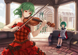  2girls adapted_costume alternate_costume antennae arch asutora bare_arms bare_shoulders black_footwear blush bow cape closed_mouth cloud collarbone collared_shirt commentary_request couch day dress dress_shirt earrings floating_hair formal frilled_dress frills green_eyes green_hair hair_between_eyes instrument jewelry kazami_yuuka long_sleeves looking_at_another mosaic_pattern multiple_girls music own_hands_together parted_lips pillar plaid plaid_dress plant playing_instrument red_bow red_dress red_eyes red_ribbon ribbon shirt shoes short_hair shorts sitting sky stairs stone_pillar strapless strapless_dress touhou trellis v_arms vines violin white_shirt wriggle_nightbug 