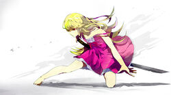  bare_shoulders barefoot blonde_hair commentary dress female itou_toi long_hair monogatari_(series) oshino_shinobu red_eyes solo strap_slip 