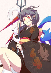  asymmetrical_wings black_kimono commentary_request female houjuu_nue japanese_clothes kimono kokutei_n obi photoshop_(medium) polearm red_eyes sash short_hair smile snake solo thighs touhou trident weapon wings 