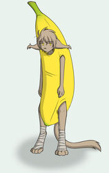  anthro banana banana_costume bandage basitin clothed clothing colored conditional_dnp costume digitigrade ear_tuft food food_costume fruit fur keith_keiser male mammal plant simple_background solo standing tail tan_body tan_fur tom_fischbach tuft twokinds yellow_eyes 